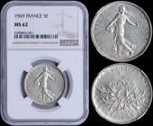 FRANCE: 5 Francs (1969) in silver (0,835) with figure sowing seed. Branches divide denomination and date on reverse. Inside slab by NGC "MS 62". (KM 9...