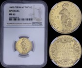 GERMAN STATES / HAMBURG: 1 Ducat (1863) in gold (0,979) with a knight with pointed shield. Legend within ornamental frame on reverse. Top grade in NGC...