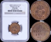 GERMAN STATES / PRUSSIA: 3 Pfennig (1869 C) in copper with crowned shield of eagle Arms with FR monogram on breast. Three-line inscription with date a...