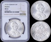 GERMAN STATES / PRUSSIA: 5 Mark (1913 A) in silver (0,900) commemorating the 25th year of Reign with head of Wilhelm II facing right. Crowned imperial...