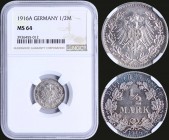 GERMANY: 1/2 Mark (1916 A) in silver (0,900) with denomination within wreath. Crowned imperial eagle with shield on breast within wreath on reverse. I...