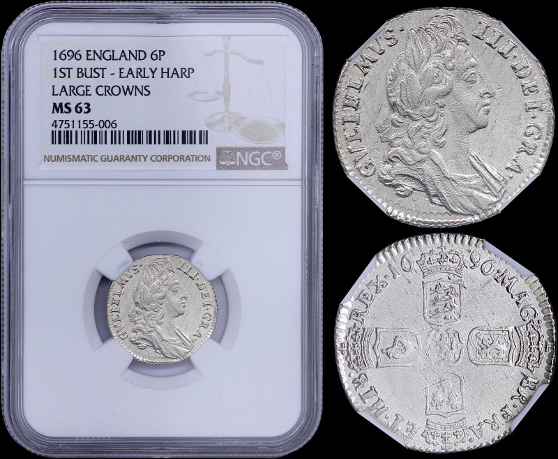 GREAT BRITAIN: 6 Pence (1696) in silver with first bust of William III facing ri...