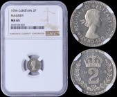 GREAT BRITAIN: 2 Pence (1954) in silver (0,925) with laureate bust of Queen Elizabeth II facing right. Crowned value in sprays divides date within wre...