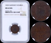 GUERNSEY: 1 Double (1830) in copper with national Arms. Value and date on reverse. Inside slab by NGC "MS 63 BN". (KM 1).