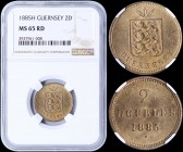 GUERNSEY: 2 Doubles (1885 H) in bronze with national Arms. Value and date on reverse. Inside slab by NGC "MS 65 RD". Top grade in NGC in RD condition....