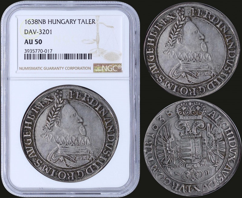 HUNGARY: 1 Thaler (1638 NB) in silver with laureate bust of Ferdinand III in ruf...