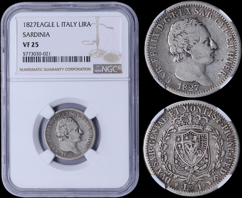 ITALIAN STATES / SARDINIA: 1 Lira (1827 L) in silver (0,900) with head of Felice...