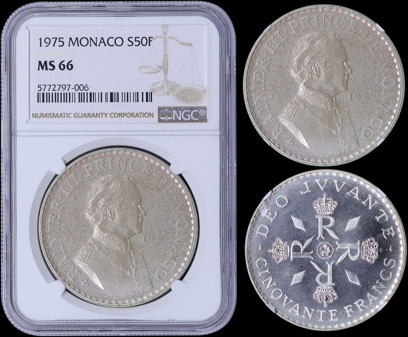 MONACO: 50 Francs (1975) in silver (0,900) with bust of Rainier III facing right...