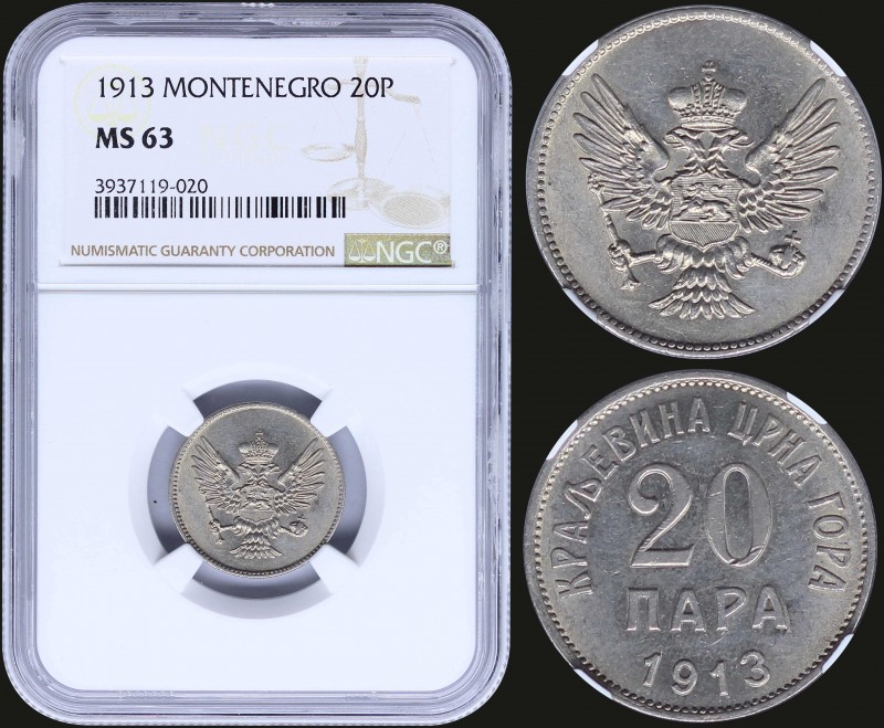 MONTENEGRO: 20 Para (1913) in nickel with crowned Arms. Value and date on revers...