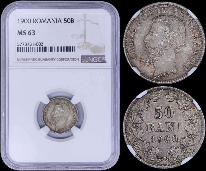 ROMANIA: 50 Bani (1900) in silver (0,835) with head of Carol I facing left. Valu...