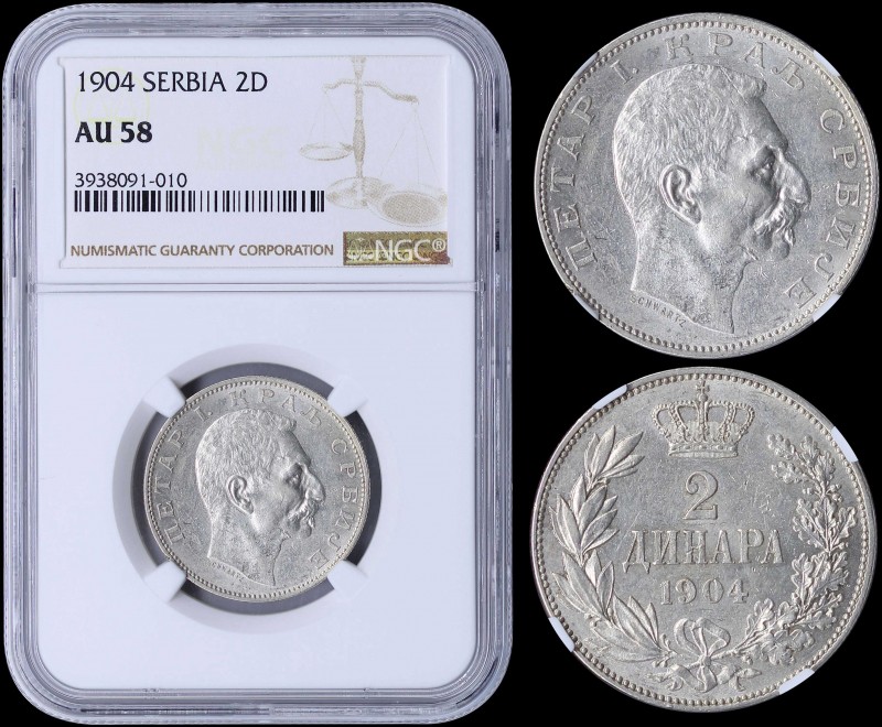 SERBIA: 2 Dinara (1904) in silver (0,835) with head of Peter I facing right with...