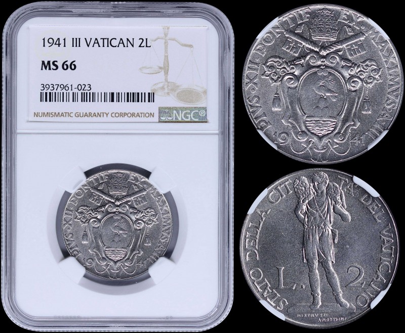 VATICAN CITY: 2 Lire (1941 III) in stainless steel with Papal Arms. Lamb on shou...