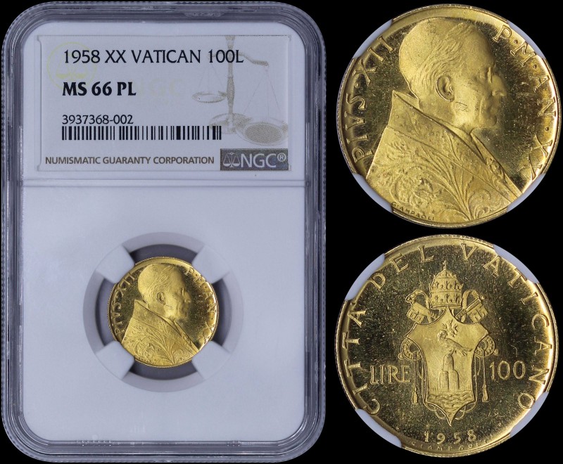 VATICAN: 100 Lire (1958 XX) in gold (0,900) with bust of Pius XII facing right. ...