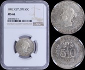 CEYLON: 50 Cents (1892) in silver (0,800) with head of Queen Victoria facing left. Plant divides denomination on reverse. Inside slab by NGC "MS 62". ...