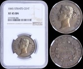 STRAITS SETTLEMENTS: 1 Cent (1845) in copper with head of Queen Victoria facing left. Value within wreath on reverse. Inside slab by NGC "XF 45 BN". (...