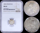 STRAITS SETTLEMENTS: 5 Cents (1894) in silver (0,800) with crowned head of Queen Victoria facing left. Value within beaded circle on reverse. Inside s...