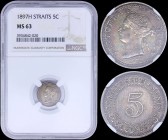 STRAITS SETTLEMENTS: 5 Cents (1897 H) in silver (0,800) with crowned head of Queen Victoria facing left. Value within beaded circle on reverse. Inside...