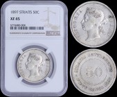 STRAITS SETTLEMENTS: 50 Cents (1897) in silver (0,800) with bust of Queen Victoria facing left. Value within beaded circle on reverse. Inside slab by ...