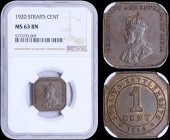 STRAITS SETTLEMENTS: 1 Cent (1920) in bronze with crowned bust of George V facing left. Value within beaded circle on reverse. Inside slab by NGC "MS ...