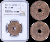 BELGIAN CONGO: 5 Centimes (1887) in copper with crowned monograms circle center hole. Center hole within star on reverse. Inside slab by NGC "MS 64+ R...