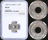 BRITISH WEST AFRICA: 1/10 Penny (1945) in copper-nickel with crown above center hole and denomination. Hexagram on reverse. Inside slab by NGC "MS 66"...