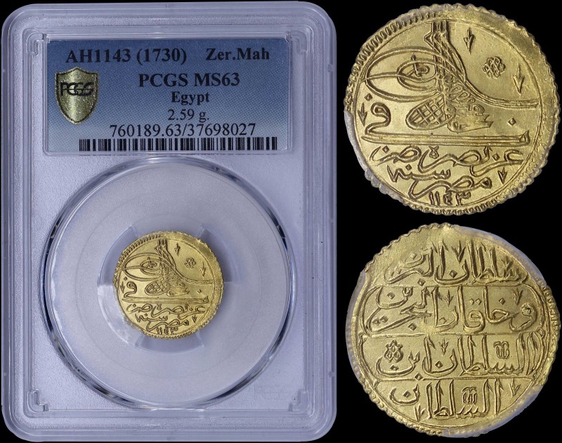 EGYPT: 1 Zeri Mahbub (AH 1143 / =1731) in gold with grape between two arrows at ...