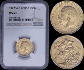 SOUTH AFRICA: 1 Sovereign (1927) in gold (0,917) with head of King George V facing left. Saint George slaying the dragon on reverse. Inside slab by NG...