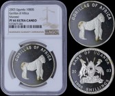 UGANDA: 1000 Shillings (2003) in silver plated bronze from series Gorillas of Africa with national Arms. Gorilla on all fours on reverse. Inside slab ...