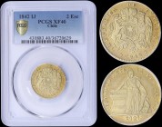 CHILE: 2 Escudos (1842 IJ) in gold (0,875) with plumed and supported Arms. Liberty standing, column, fasces and cornucopia on reverse. Inside slab by ...