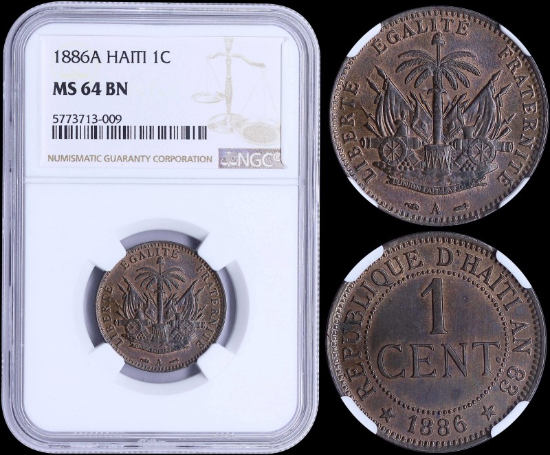 HAITI: 1 Centime (1886 A) in bronze with national Arms. Value within beaded circ...