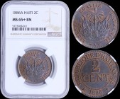 HAITI: 2 Centimes (1886 A) in bronze with national Arms. Value within beaded circle and date flanked by stars below on reverse. Inside slab by NGC "MS...