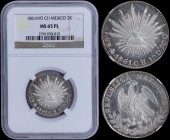 MEXICO: 2 Reales (1861 MO CH) in silver (0,903) with radiant cap. Facing eagle with snake in beak on reverse. Inside slab by NGC "MS 65 PL". (KM 374.1...
