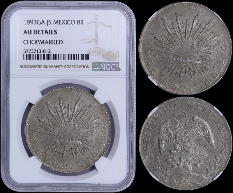 MEXICO: 8 Reales (1893 GA JS) in silver (0,903) with radiant cap. Facing eagle w...
