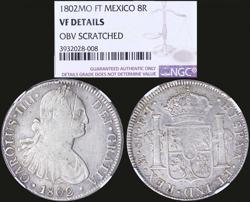 MEXICO: Set of 3 silver coins, 8 Reales (1802 FT) + 8 Reales (1805 TH) + 8 Reale...