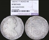 MEXICO: Set of 3 silver coins, 8 Reales (1802 FT) + 8 Reales (1805 TH) + 8 Reales (1817 JJ). The coins are inside slabs by NGC "VF DETAILS - OBV SCRAT...