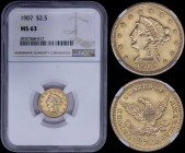 USA: 2,5 Dollars (1907) in gold (0,900) with head of Liberty facing left. Inscription "UNITED STATES OF AMERICA" surrounding eagle on reverse. Inside ...