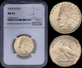 USA: 10 Dollars (1910 D) in gold (0,900) with indian head facing left. American eagle on reverse. Inside slab by NGC "MS 63". (KM 130).