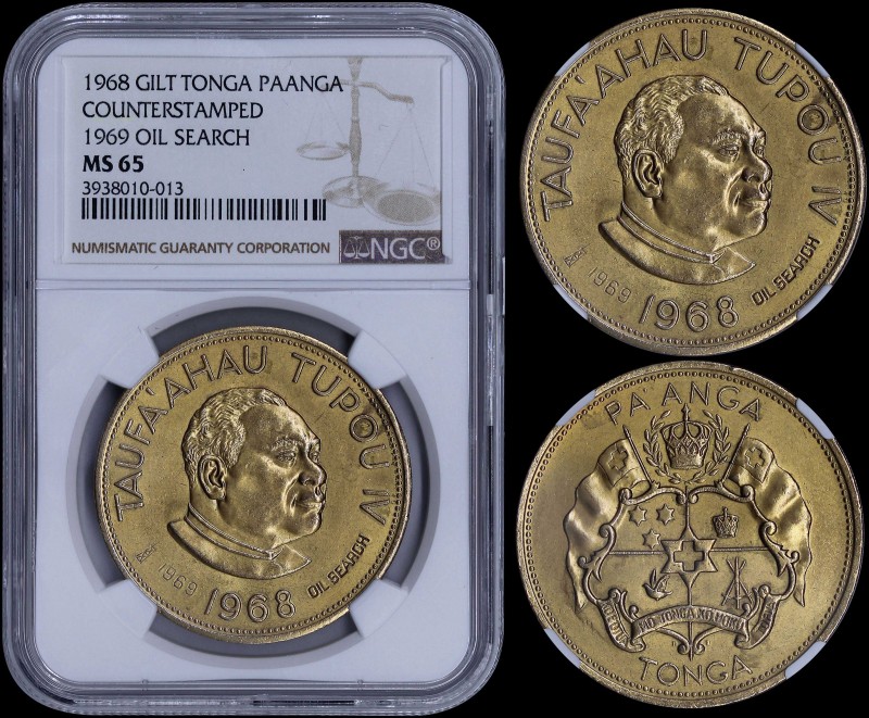 TONGA: 1 Paanga (1968) counterstamped (on KM# 17) commemorative coinage in coppe...