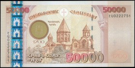 ARMENIA: 50000 Dram (2001) commemorative issue in multicolor for the 1700 years of Christianity in Armenia. S/N: "0222751". (Pick 48) & (CBA B9). Unci...