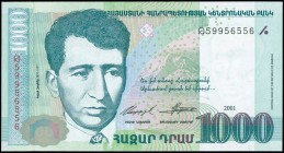 ARMENIA: 1000 Dram (2001) in aqua and green on multicolor unpt with Yeghishe Charents at left. S/N: "59956556". WMK: Y Charents. (Pick 50) & (Spink CB...