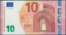 AUSTRIA: 10 Euro (2014) in red and multicolor with gate in romanesque period at center right. S/N: "NA5209881121". Signature by Draghi. Printing press...