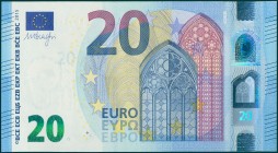 AUSTRIA: 20 Euro (2015) in blue and multicolor with gate in gothic period at center right. S/N: "NA2117279719". Signature by Draghi. WMK: Personificat...
