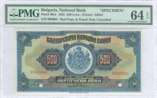 BULGARIA: Specimen of 500 Leva (1922) in blue and multicolor with Arms at center. S/N: "000000". Two red ovpts "SPECIMEN" over value and two cancellat...