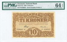DENMARK: 10 Kroner (1920) in brown with lettering and denomination surrounded by ornamentation of seaweed. S/N: "F8188882". Inside holder by PMG "Choi...