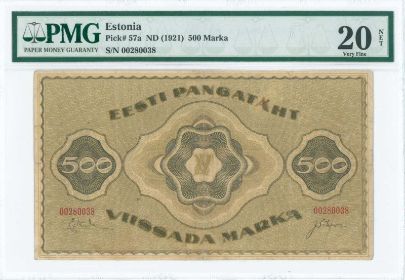 ESTONIA: 500 Marka (ND 1921) in light green and gray with ornamental design. S/N...