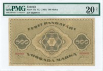 ESTONIA: 500 Marka (ND 1921) in light green and gray with ornamental design. S/N: "00280038". Inside holder by PMG "Very Fine 20 NET - Repaired, Piece...