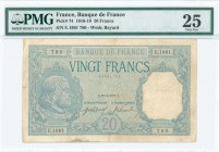 FRANCE: 20 Francs (20.4.1917) in blue with portrait of Bayard at left. S/N: "E.1961 760". Inside holder by PMG "Very Fine 25 - Stains, Pinholes". (Pic...