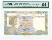 FRANCE: 500 Francs (6.2.1941) in green, lilac and multicolor with Pax with wreath at left. S/N: "D.2193 197". WMK: Paxs head. Inside holder by PMG "Ch...