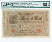 GERMANY: 1000 Mark (21.4.1910) in brown with allegorical figures of Navigation and Agriculture. Seven digits S/N: "9286837N". Inside holder by PMG "Ge...