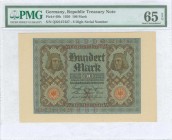 GERMANY: 100 Mark (1.11.1920) in dark brown with black text on blue and red unpt with Bamberg Horseman (in Bamberg Cathedral) at upper left and right....